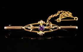 Victorian Period Attractive 9ct Rose Gold Brooch Single Stone Amethyst Set to Centre of Brooch with