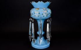 Victorian Blue Glass Lustre Painted enamel floral, foliate,