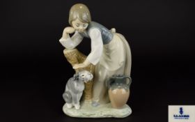 Lladro Porcelain Figure ' Caress and Rest ' Girl Patting Dog. Model No 1246. Issued 1972 - 1990.