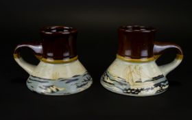 Pair Of Stoneware Pottery Art Cups, Depicting Galleons.
