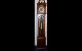 20thC Mahogany Finish Longcase Clock, Triple Weights, Glazed Front. Broken Scroll Pediment, Height