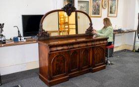 Large Victorian Mahogany Mirror Back Sideboard. Three Frieze Drawers Above Cupboards. Plinth Base.