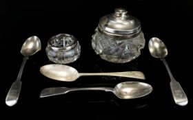 A Collection Of Silver And Cut Glass Items Six pieces in total to include cut glass preserves pot
