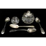 A Collection Of Silver And Cut Glass Items Six pieces in total to include cut glass preserves pot