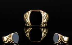 Gents - Heavy and Good Quality 9ct Gold Black Onyx Set Signet Ring with X Crossed Design to