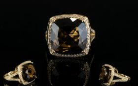 14ct Gold Large Faceted Square Shaped Topaz and Diamond Dress Ring.