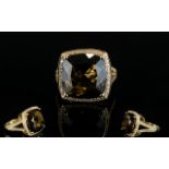 14ct Gold Large Faceted Square Shaped Topaz and Diamond Dress Ring.