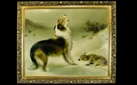 A Large Framed Print Decorative textured print titled 'Found' depicting a lamb in the snow, a