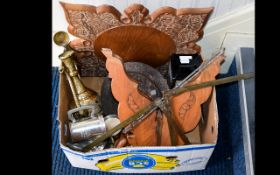 Box of Assorted Items to include Wine Ewer, tankards,