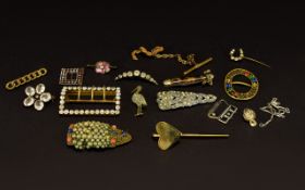 Small Amount of Costume Jewellery comprising diamonte buckle, various brooches, stork brooch,
