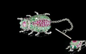 A Large and Impressive White Metal Bug Brooch ( Beetle ) Set with Ruby's and Emeralds to Body and