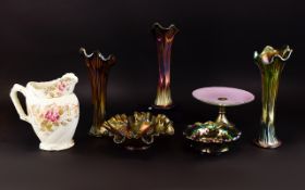 Collection Of Vaseline Glass comprising of 2 bowls and 3 fluted edged vases. Also cake stand with
