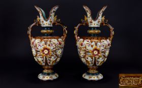 Majolica - Pair of Fine and Impressive Wilhelm Schiller & Son Pair of Urn Shaped Vases. c.1890's.
