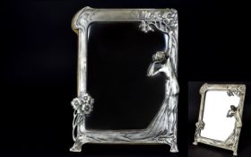 Art Nouveau Style Dressing Table Mirror Pewter tone metal frame with sinuous whiplash floral detail