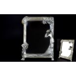 Art Nouveau Style Dressing Table Mirror Pewter tone metal frame with sinuous whiplash floral detail