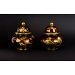 Carlton Ware Rouge Royale Pair of Lidded Squat Ovoid Vases ( 2 ) Decorated In Painted Enamels to