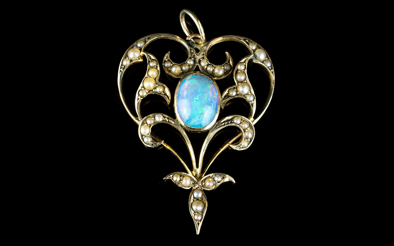 Victorian Period 9ct Gold Very Well Designed and Ornate Opal and Seed Pearl Pendant Drop of