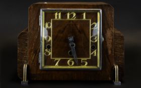 Art Deco Mantle Clock Square wooden cased clock of typical form with brass numerals and silver tone