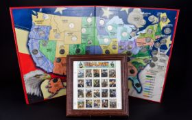 Framed American Civil War Stamp Collection And H E Harris & Co Fifty State Quarter Collector's