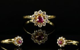 18ct Gold Ruby and Diamond Set Cluster Ring. Flower head Setting.