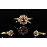 18ct Gold Ruby and Diamond Set Cluster Ring. Flower head Setting.