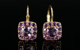 Ladies Pair of 9ct Gold Set Amethyst Cluster Earrings of Nice Form.