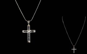 A 9ct White Gold Cross Set with Sapphires with Attached 9ct White Gold Chain. Fully Hallmarked.