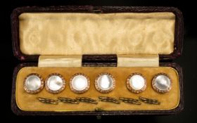 Antique - Fine Quality Boxed Set of a Rose Gold Coloured Pearl Inset Gents Matched Set of Six Studs.