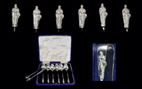 Victorian Period Good Quality Set of Six Silver Apostle Spoons and Matching Sugar Nips.