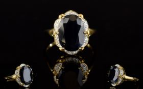 Ladies 9ct Gold Sapphire and Diamond Cluster Ring. Fully Hallmarked. Ring Size - S. Modern Design.