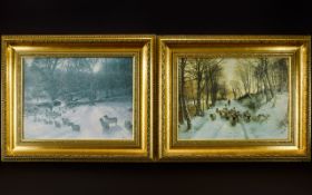 A Pair Of Decorative Landscape Prints Two textured prints depicting sheep in winter landscape.