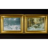 A Pair Of Decorative Landscape Prints Two textured prints depicting sheep in winter landscape.