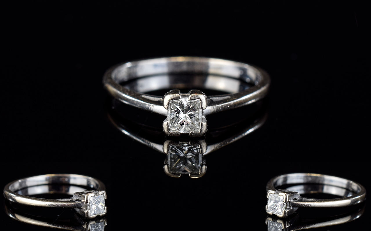 Ladies 18ct White Gold Set Single Stone Diamond Ring. The Square Shaped Diamond of Excellent