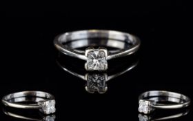 Ladies 18ct White Gold Set Single Stone Diamond Ring. The Square Shaped Diamond of Excellent
