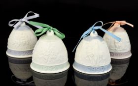 Lladro Set of Four Bells with Ribbons and All Different Colours and Dates. Dates Are 1990, 1991,