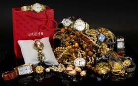 Mixed Lot Of Costume Jewellery Comprising Beads, Chains, Wristwatches,