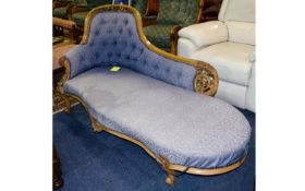Victorian Walnut Carved Framed Chaise Longue, Of Typical Form Upholstered In pale blue Fabric ,