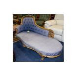 Victorian Walnut Carved Framed Chaise Longue, Of Typical Form Upholstered In pale blue Fabric ,