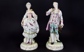 Germany Dresden Pair of Mid 20th Century Large and Decorative Hand Painted Porcelain Male and Female