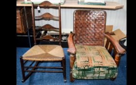 Ladder Back Rocking Chair With Rush Seat, Together With An Ercol Low Armchair, Leather Lattice