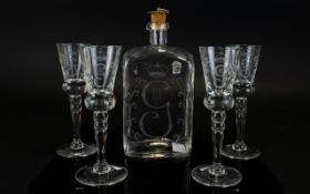 Johnsfors Etched Glass Port Flask And Glasses Five items in total to include square bottle/decanter