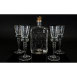 Johnsfors Etched Glass Port Flask And Glasses Five items in total to include square bottle/decanter