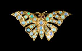 Antique Period Nice Quality - 9ct Gold Brooch, In The Form of a Butterfly Set with Opals,