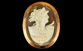 Antique Period - Well Carved 9ct Rose Gold Oval Framed Shell Cameo Marked 9ct.