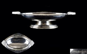 Art Deco Period Twin Handle Silver Pedestal Dish with Reticulated Border.