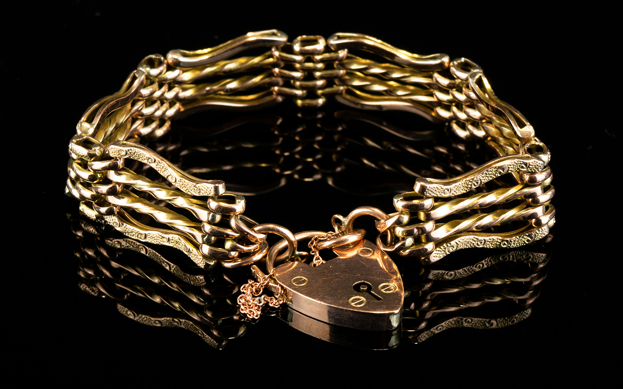 Ladies Superb Quality 9ct Rose Gold Shaped / Fancy 4 Bar Gate Bracelet,