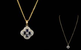 Ladies 9ct Gold Sapphire and Diamond Cluster Pendant - Flower head with Attached 9ct Gold Chain.
