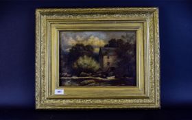 Oil On Canvas, Country Landscape With Watermill, Gilt Frame And Mount 10 x 13 Inches.