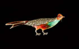 Antique Period - Attractive Silver Figural Pheasant Brooch, Set In Enamels and Marcasite's,
