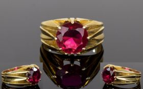 18ct Gold Set Single Stone Ruby Ring. In a Gypsy Setting. The Ruby of Excellent Pigeon Blood Colour.
